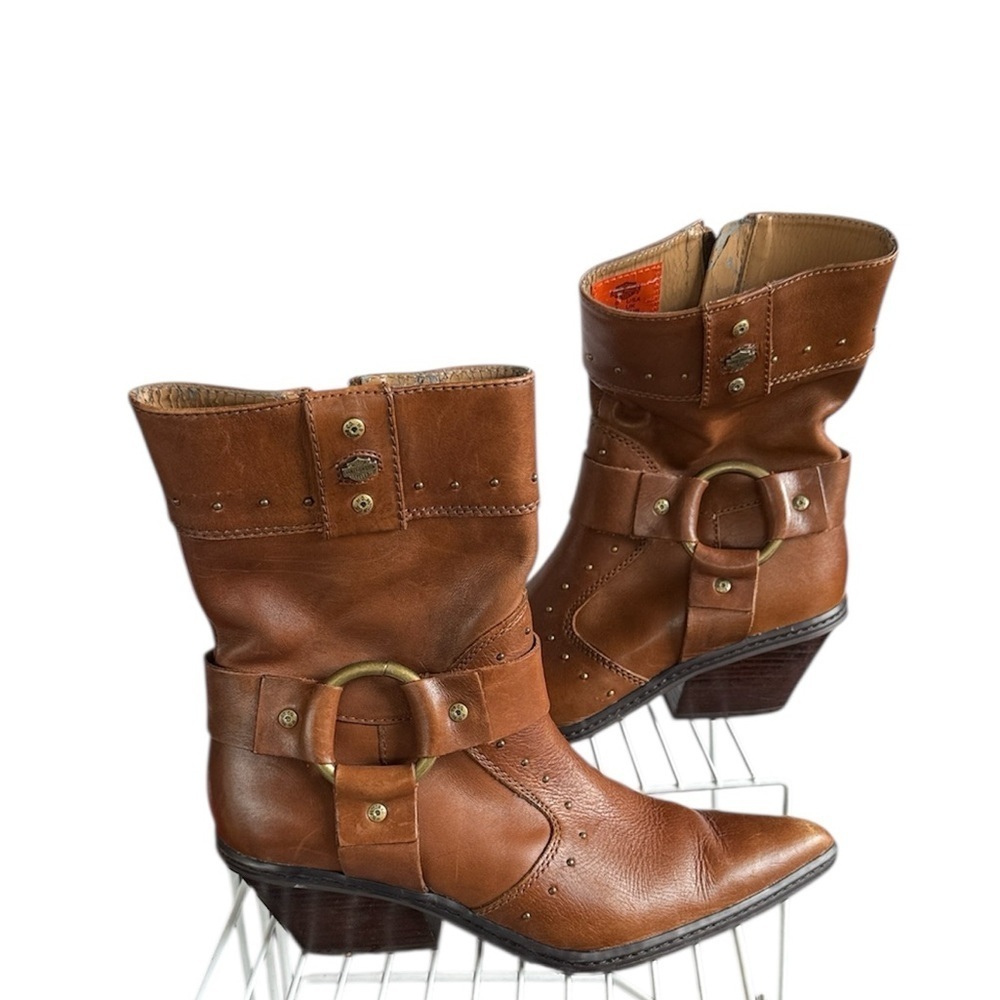Harley Davidson Woman's Size 6 Cognac Leather Studded Harness Zip UP Boots